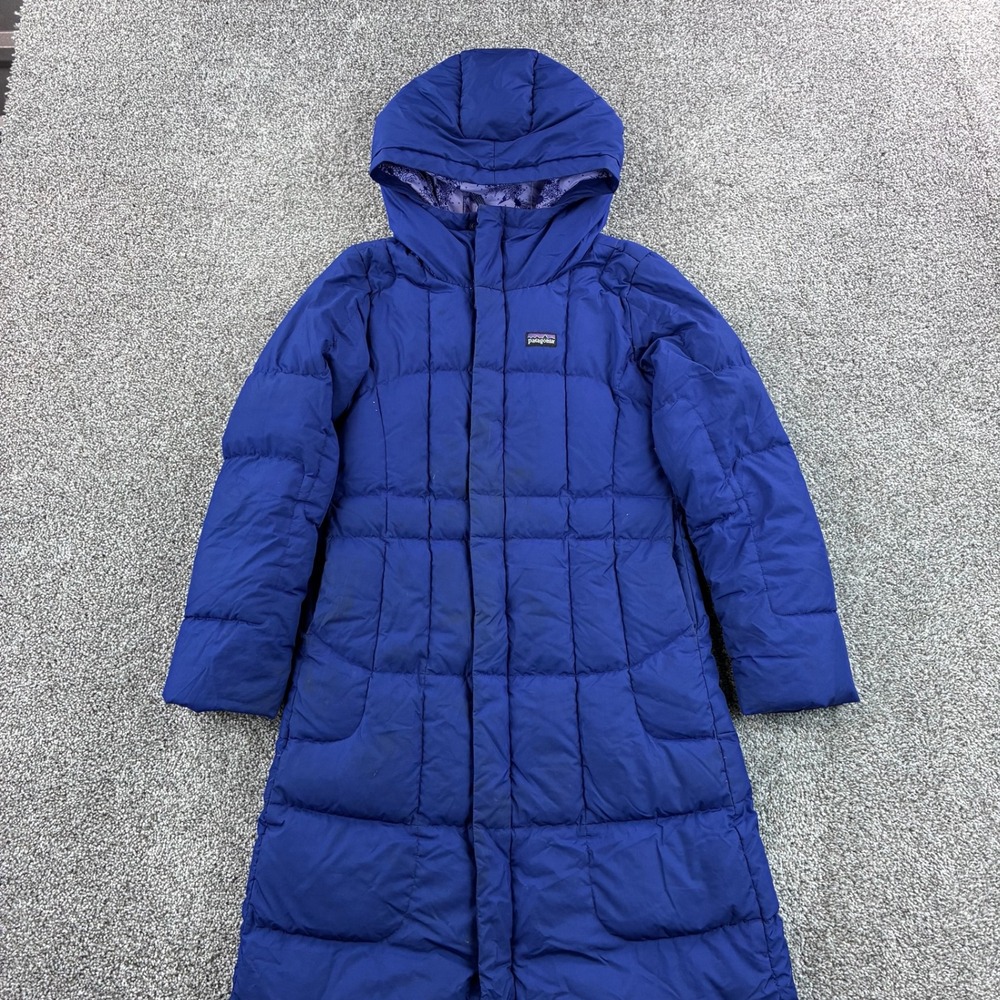 Patagonia Down Coat Parka Girls Medium Blue Quilted Hooded Long Puffer 68316